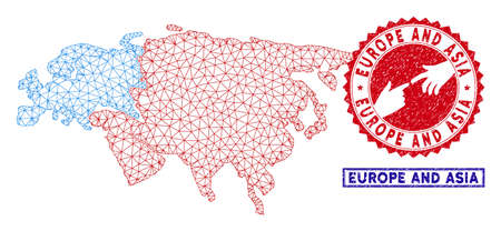 Mesh polygonal Europe and Asia map and grunge seal stamps. Abstract lines and dots form Europe and Asia map vector model. Round red stamp with connecting hands.のイラスト素材