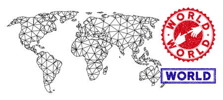 Mesh polygonal world map and grunge seal stamps. Abstract lines and circle dots form world map vector model. Round red stamp with connecting hands.のイラスト素材
