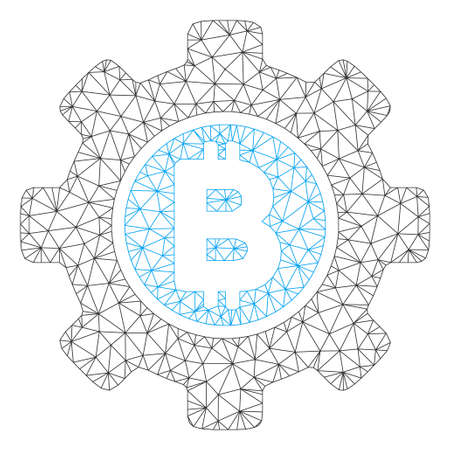 Mesh Bitcoin development gear model icon. Wire carcass polygonal mesh of vector Bitcoin development gear isolated on a white background. Abstract 2d mesh built from polygonal grid and circle nodes.のイラスト素材