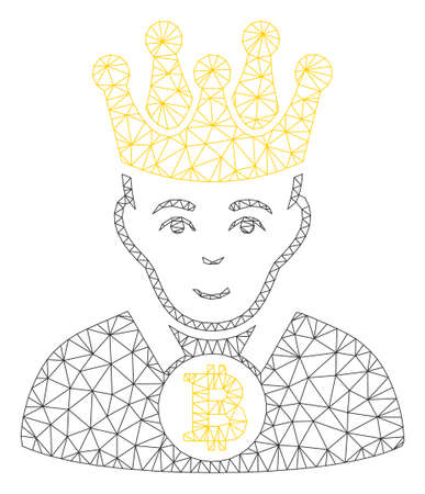 Mesh Bitcoin king model icon. Wire carcass triangular mesh of vector Bitcoin king isolated on a white background. Abstract 2d mesh designed with triangular lines and dots.のイラスト素材