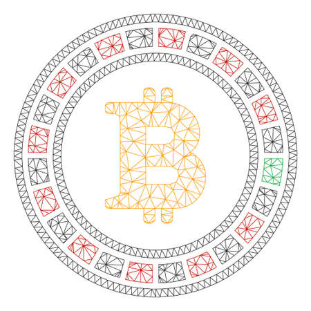 Mesh Bitcoin casino roulette model icon. Wire frame triangular mesh of vector Bitcoin casino roulette isolated on a white background.のイラスト素材