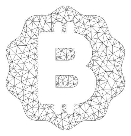 Mesh Bitcoin medal coin model icon. Wire frame triangular mesh of vector Bitcoin medal coin isolated on a white background. Abstract 2d mesh built from triangular lines and spheric points.のイラスト素材
