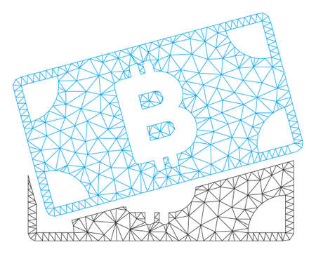 Mesh Bitcoin banknotes model icon. Wire frame triangular mesh of vector Bitcoin banknotes isolated on a white background. Abstract 2d mesh built from triangular lines and spheric points.のイラスト素材