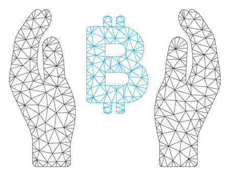 Mesh Bitcoin care hands model icon. Wire frame triangular mesh of vector Bitcoin care hands isolated on a white background. Abstract 2d mesh created from triangular lines and dots.のイラスト素材