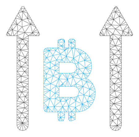 Mesh Bitcoin send arrows model icon. Wire frame polygonal mesh of vector Bitcoin send arrows isolated on a white background. Abstract 2d mesh designed with polygonal grid and points.のイラスト素材