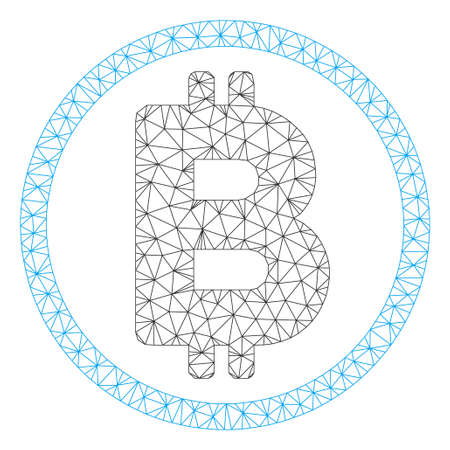 Mesh Bitcoin rounded model icon. Wire carcass polygonal mesh of vector Bitcoin rounded isolated on a white background. Abstract 2d mesh created from polygonal grid and dots.のイラスト素材