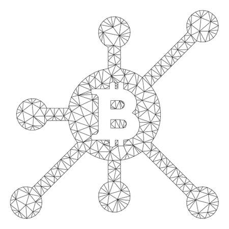 Mesh Bitcoin full node model icon. Wire carcass triangular network of vector Bitcoin full node isolated on a white background. Abstract 2d mesh created from triangular lines and spheric points.のイラスト素材