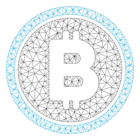 Mesh Bitcoin coin model icon. Wire carcass polygonal mesh of vector Bitcoin coin isolated on a white background. Abstract 2d mesh designed with polygonal grid and circle nodes.のイラスト素材