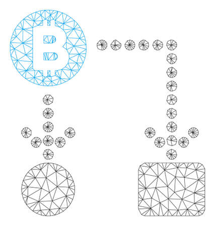 Mesh Bitcoin cashflow model icon. Wire carcass triangular mesh of vector Bitcoin cashflow isolated on a white background. Abstract 2d mesh built from triangular lines and spheric points.のイラスト素材