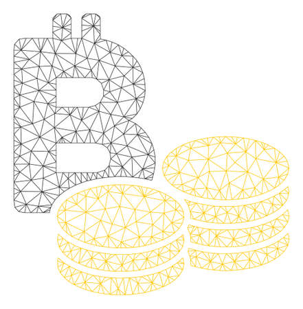 Mesh Bitcoin coins model icon. Wire carcass polygonal mesh of vector Bitcoin coins isolated on a white background. Abstract 2d mesh designed with polygonal grid and circle nodes.のイラスト素材