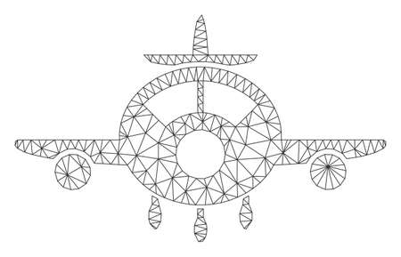 Mesh aircraft model icon. Wire carcass polygonal mesh of vector aircraft isolated on a white background. Abstract 2d mesh created from polygonal grid and spheric points.のイラスト素材