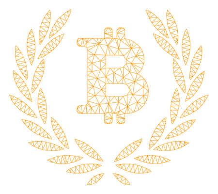 Mesh Bitcoin laurel wreath model icon. Wire frame triangular mesh of vector Bitcoin laurel wreath isolated on a white background. Abstract 2d mesh created from triangular lines and circle nodes.のイラスト素材
