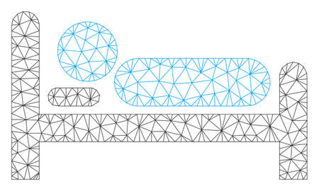Mesh bed model icon. Wire frame triangular mesh of vector bed isolated on a white background. Abstract 2d mesh built from triangular lines and small circle.のイラスト素材
