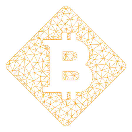 Mesh bitcoin rhombus model icon. Wire frame polygonal mesh of vector bitcoin rhombus isolated on a white background. Abstract 2d mesh designed with polygonal grid and round dots.のイラスト素材