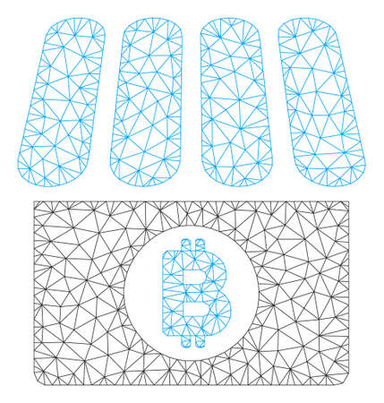 Mesh Bitcoin shop model icon. Wire frame triangular mesh of vector Bitcoin shop isolated on a white background. Abstract 2d mesh created from triangular lines and small circle.のイラスト素材