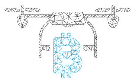 Mesh Bitcoin drone delivery model icon. Wire frame triangular mesh of vector Bitcoin drone delivery isolated on a white background. Abstract 2d mesh built from triangular lines and dots.のイラスト素材