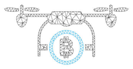 Mesh Bitcoin airdrone model icon. Wire carcass polygonal mesh of vector Bitcoin airdrone isolated on a white background. Abstract 2d mesh built from triangular lines and spheric points.のイラスト素材