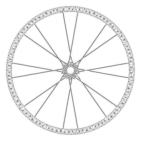 Mesh bike wheel model icon. Wire frame polygonal mesh of vector bike wheel isolated on a white background. Abstract 2d mesh built from polygonal grid and points.のイラスト素材
