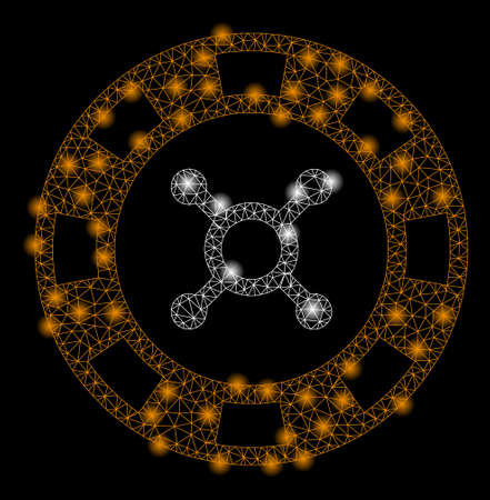 Gold square mosaic and solid casino chip. Vector geographic casino chip in yellow golden color tints. Abstract mosaic is constructed with random flat rectangular pixels.のイラスト素材