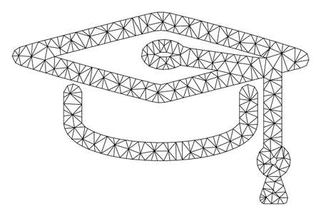 Mesh cap graduate polygonal 2d vector illustration. Carcass model is based on cap graduate flat icon. Triangle mesh forms abstract cap graduate flat model.のイラスト素材