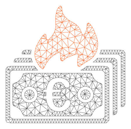 Mesh burn Euro banknotes polygonal icon vector illustration. Carcass model is based on burn Euro banknotes flat icon. Triangle mesh forms abstract burn Euro banknotes flat carcass.のイラスト素材