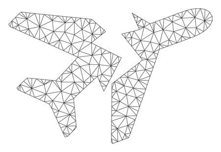 Mesh break airplane polygonal icon vector illustration. Carcass model is created from break airplane flat icon. Triangular mesh forms abstract break airplane flat model.のイラスト素材