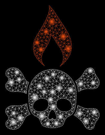 Bright mesh death ignition with glare effect. Abstract illuminated model of death ignition icon. Shiny wire frame polygonal mesh death ignition abstraction in vector format on a black background.のイラスト素材