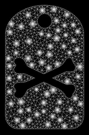 Bright mesh death tag with glare effect. Abstract illuminated model of death tag icon. Shiny wire carcass polygonal mesh death tag abstraction in vector format on a black background.のイラスト素材