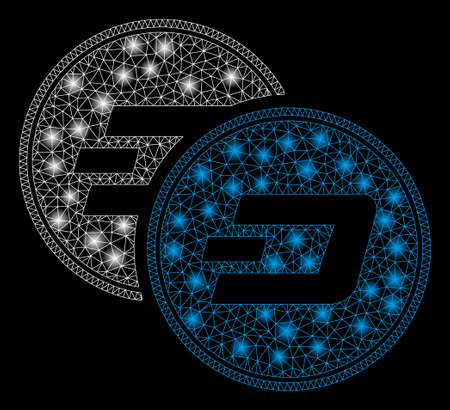 Bright mesh Dash coins with glare effect. Abstract illuminated model of Dash coins icon. Shiny wire frame triangular mesh Dash coins abstraction in vector format on a black background.のイラスト素材