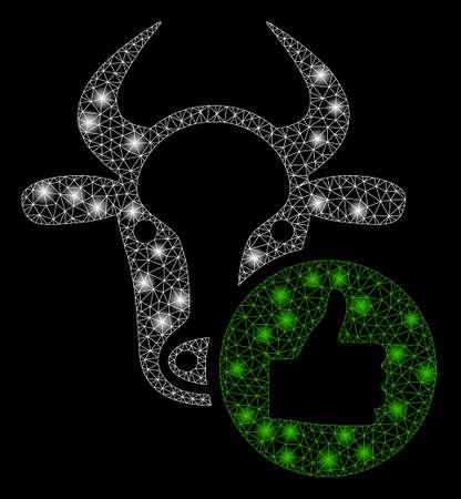 Bright mesh cow thumb up with glare effect. Abstract illuminated model of cow thumb up icon. Shiny wire carcass polygonal network cow thumb up abstraction in vector format on a black background.のイラスト素材