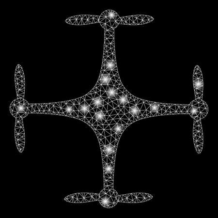 Bright mesh copter with glare effect. Abstract illuminated model of copter icon. Shiny wire carcass polygonal network copter abstraction in vector format on a black background.のイラスト素材