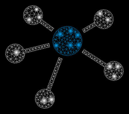 Bright mesh connections with glare effect. Abstract illuminated model of connections icon. Shiny wire frame triangular network connections abstraction in vector format on a black background.のイラスト素材