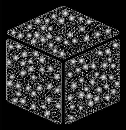 Bright mesh cube with glare effect. Abstract illuminated model of cube icon. Shiny wire carcass polygonal mesh cube abstraction in vector format on a black background.のイラスト素材