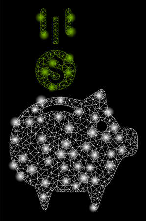 Bright mesh deposit piggy bank with glare effect. Abstract illuminated model of deposit piggy bank icon.のイラスト素材