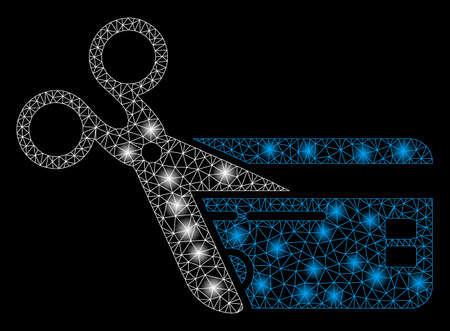 Bright mesh cut credit card with glare effect. Abstract illuminated model of cut credit card icon.のイラスト素材