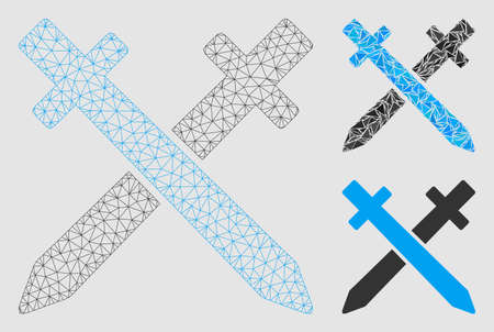 Mesh crossing swords model with triangle mosaic icon. Wire carcass polygonal mesh of crossing swords. Vector mosaic of triangle elements in variable sizes and color tints.のイラスト素材