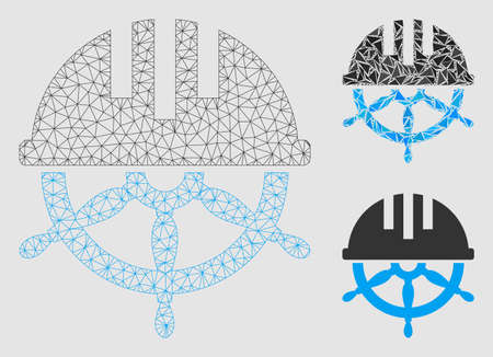 Mesh covered steering wheel model with triangle mosaic icon. Wire carcass triangular network of covered steering wheel. Vector mosaic of triangle parts in different sizes and color tints.のイラスト素材