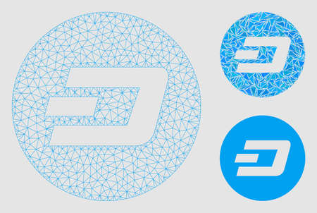 Mesh Dash coin model with triangle mosaic icon. Wire frame triangular mesh of Dash coin. Vector collage of triangle elements in various sizes and color tinges.のイラスト素材