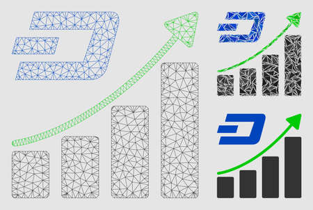 Mesh Dashcoin growing trend model with triangle mosaic icon. Wire carcass triangular mesh of Dashcoin growing trend. Vector collage of triangle parts in various sizes and color shades.のイラスト素材