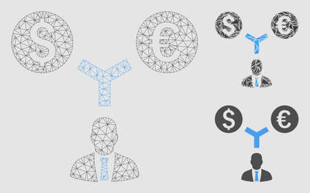 Mesh currency management model with triangle mosaic icon. Wire carcass triangular mesh of currency management. Vector mosaic of triangle parts in different sizes and color hues.のイラスト素材