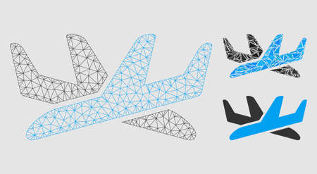 Mesh crossing airplanes model with triangle mosaic icon. Wire carcass triangular mesh of crossing airplanes. Vector mosaic of triangles in various sizes and color hues.のイラスト素材