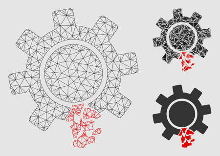 Mesh damaged gear tooth model with triangle mosaic icon. Wire frame polygonal mesh of damaged gear tooth. Vector collage of triangle parts in different sizes and color tinges.のイラスト素材