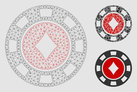 Mesh diamonds casino chip model with triangle mosaic icon. Wire carcass polygonal mesh of diamonds casino chip. Vector composition of triangle elements in variable sizes and color tinges.のイラスト素材