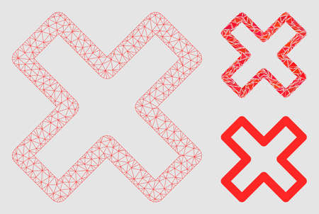Mesh delete x-cross model with triangle mosaic icon. Wire carcass polygonal mesh of delete x-cross. Vector collage of triangles in different sizes and color hues.のイラスト素材