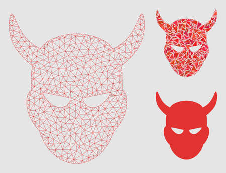 Mesh daemon head model with triangle mosaic icon. Wire carcass triangular network of daemon head. Vector mosaic of triangles in different sizes and color tinges.のイラスト素材