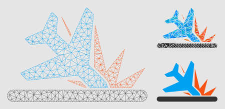 Mesh airplane crash landing model with triangle mosaic icon. Wire carcass triangular mesh of airplane crash landing. Vector mosaic of triangle parts in various sizes and color shades.のイラスト素材
