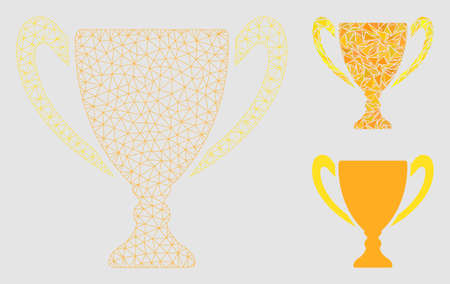 Mesh goblet cup model with triangle mosaic icon. Wire carcass polygonal mesh of goblet cup. Vector mosaic of triangle elements in variable sizes and color tints.のイラスト素材