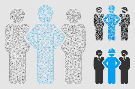 Mesh developer team model with triangle mosaic icon. Wire frame polygonal network of developer team. Vector mosaic of triangle parts in various sizes and color shades.のイラスト素材