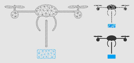 Mesh copter shipment model with triangle mosaic icon. Wire frame triangular mesh of copter shipment. Vector mosaic of triangle parts in various sizes and color hues.のイラスト素材