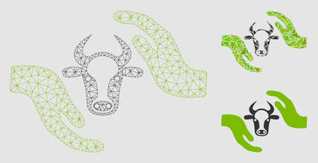 Mesh cow protection hands model with triangle mosaic icon. Wire frame polygonal mesh of cow protection hands. Vector mosaic of triangle elements in various sizes and color hues.のイラスト素材